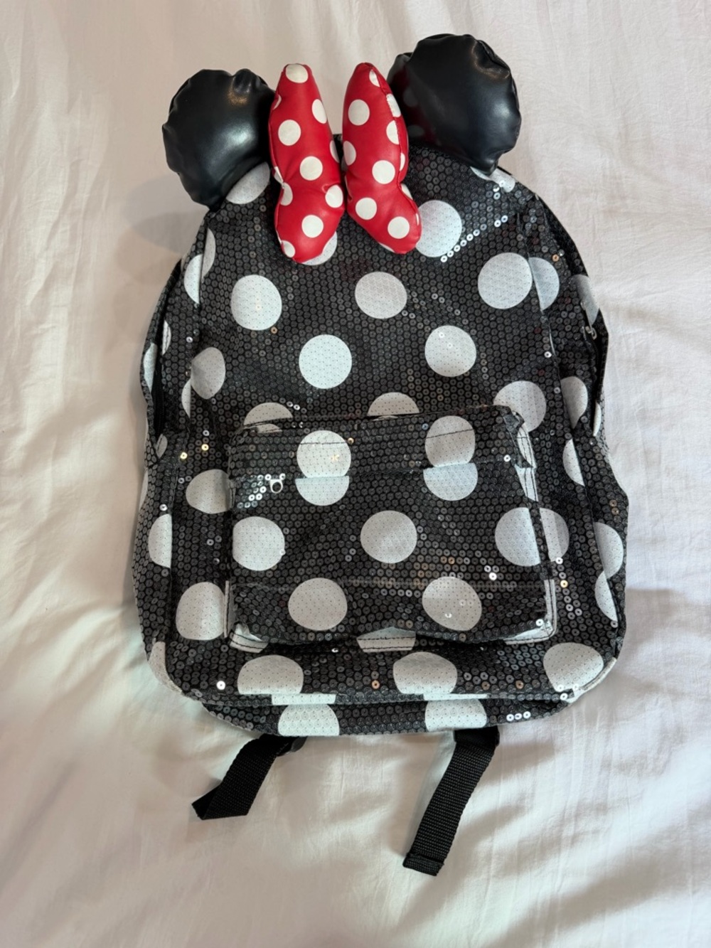Disney Black & White Polka Dot Sequin Backpack with Red Bow